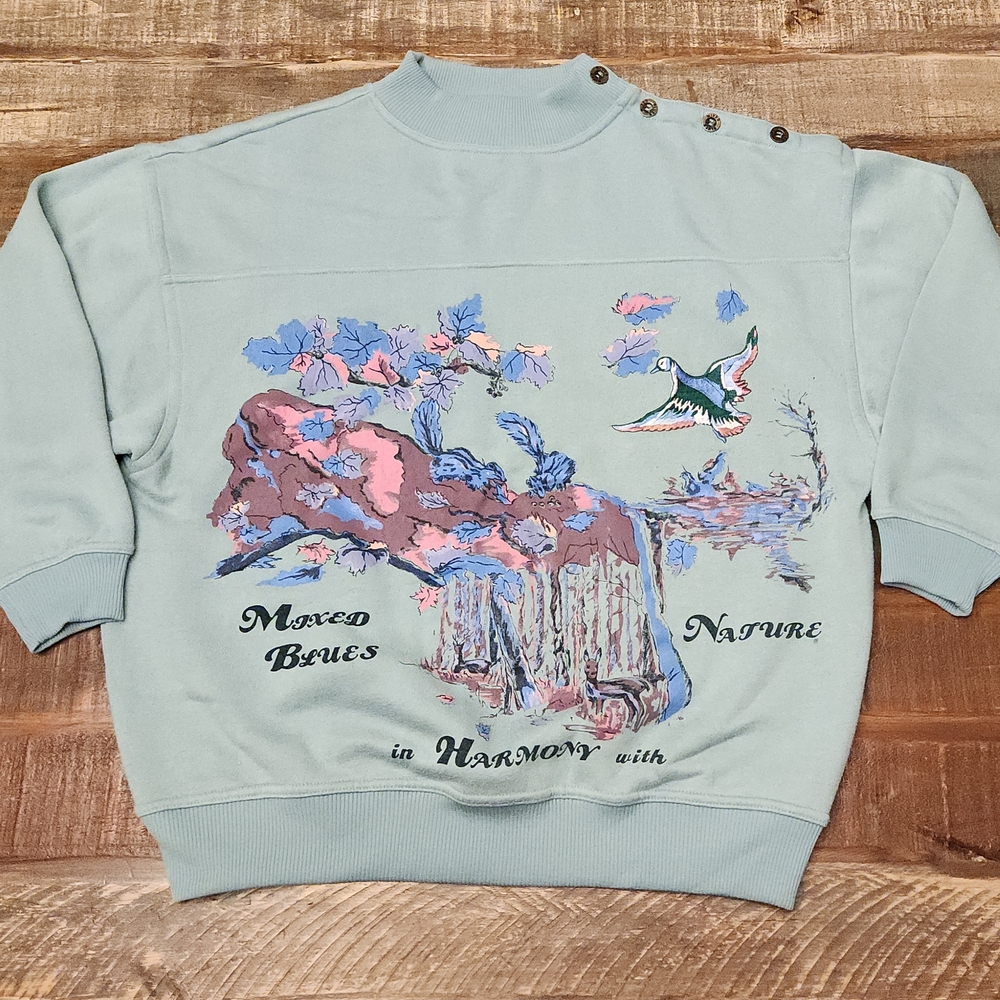 Vintage Mixed Blues Nature Print Sweatshirt with Embroidered And Button Detail